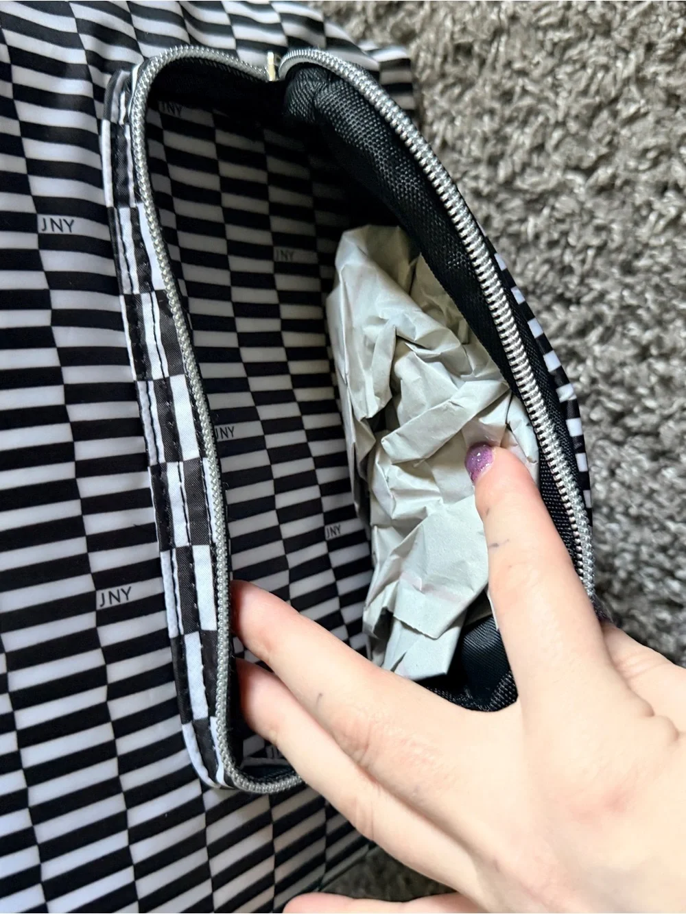 Jones New York Black and White Striped Travel Pouch + Travel Bottle
